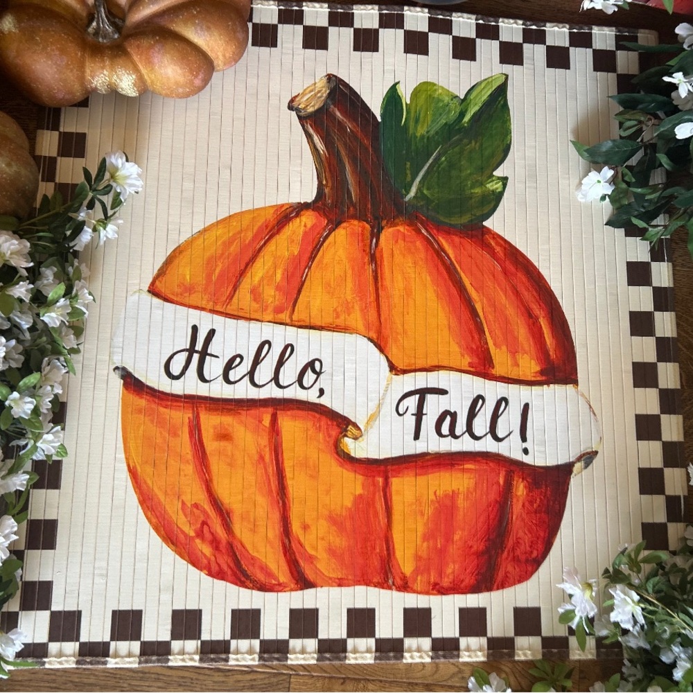 Hello Fall Pumpkin Bamboo Rug Cream and Brown Check Pattern - Picture 6 of 6